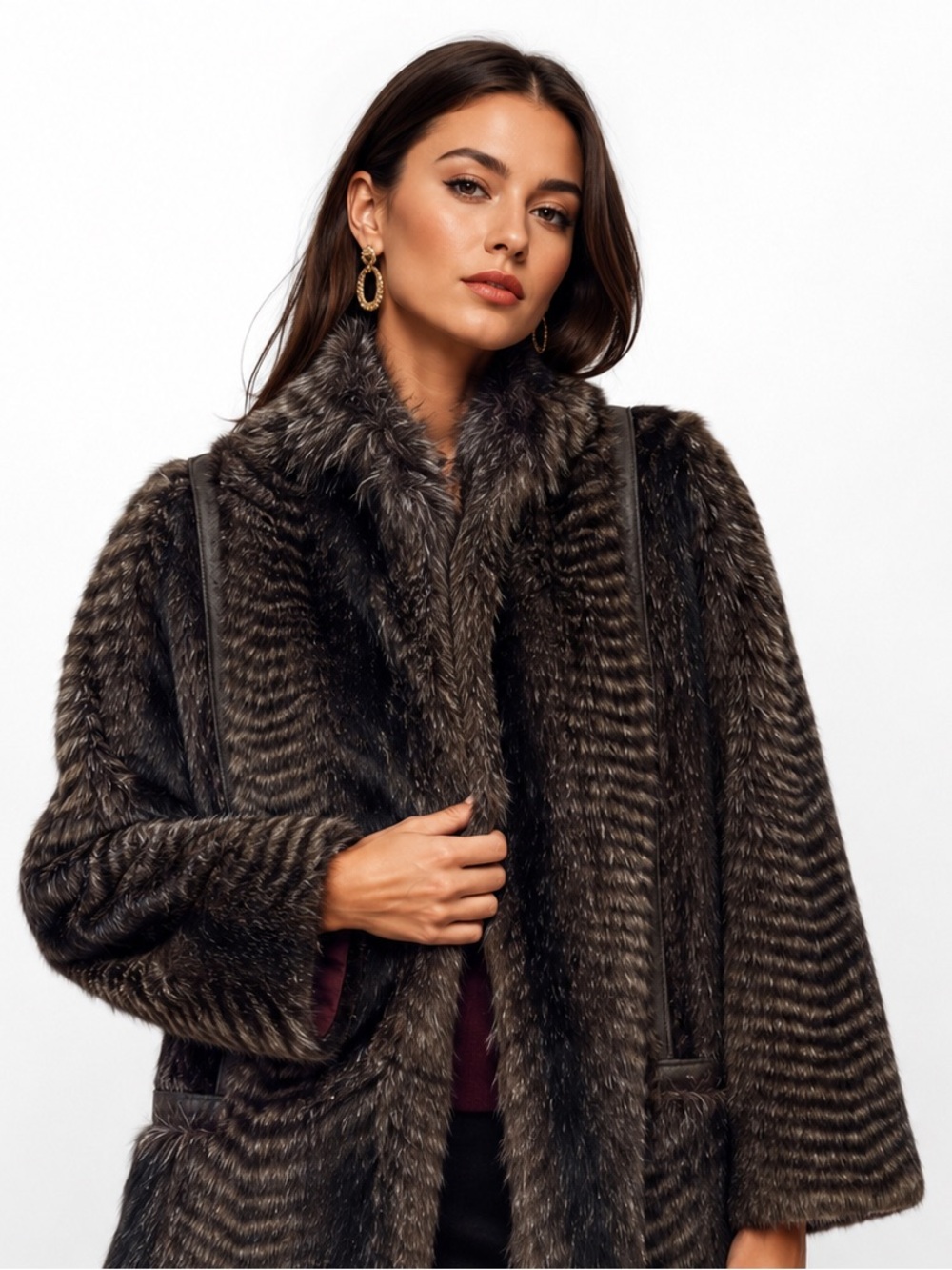 Vintage Lilli Ann 1960s Faux Fur Chevron Herringbone Statement Coat